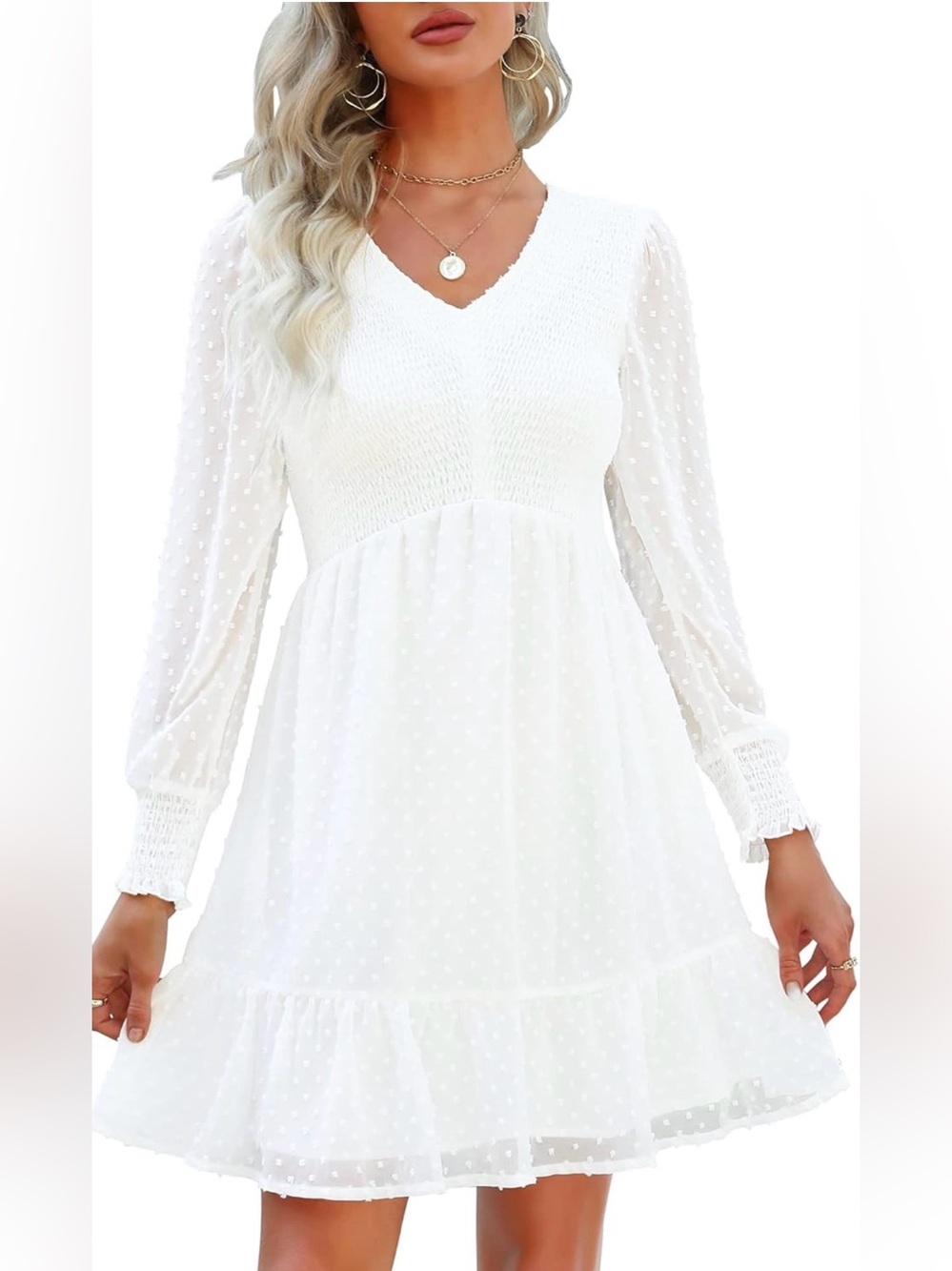 Women’s White Swiss Dot Long Sleeve V-Neck Dress